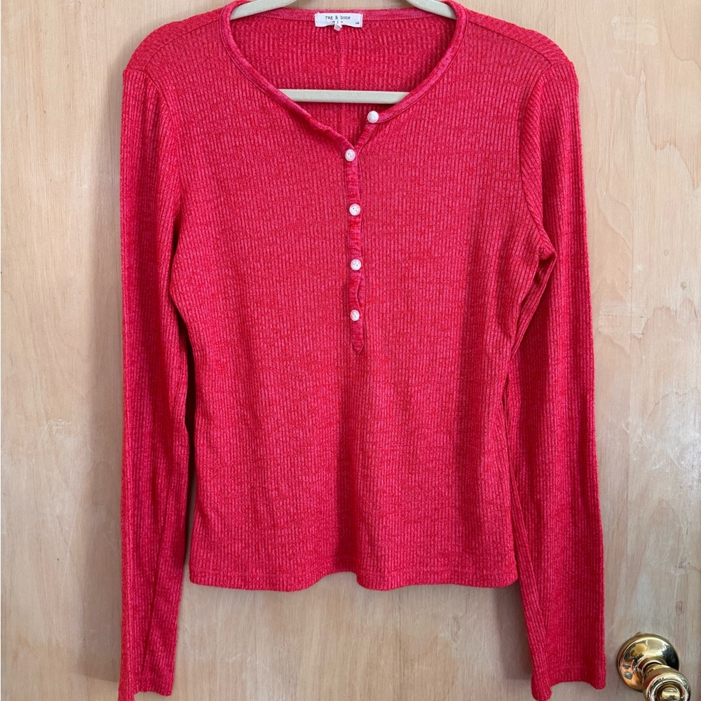 Rag & Bone Pink/Red Heathered Ribbed Long Sleeve Henley Shirt - Large